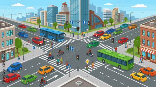 Colorful Cityscape Traffic Scene Aerial View Illustration.