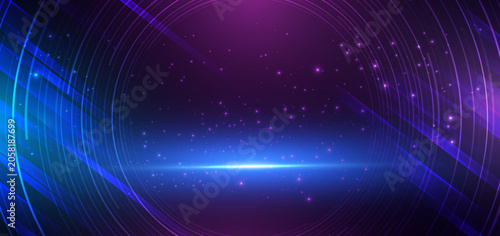 Abstract futuristic background featuring glowing blue and purple neon light effects.
