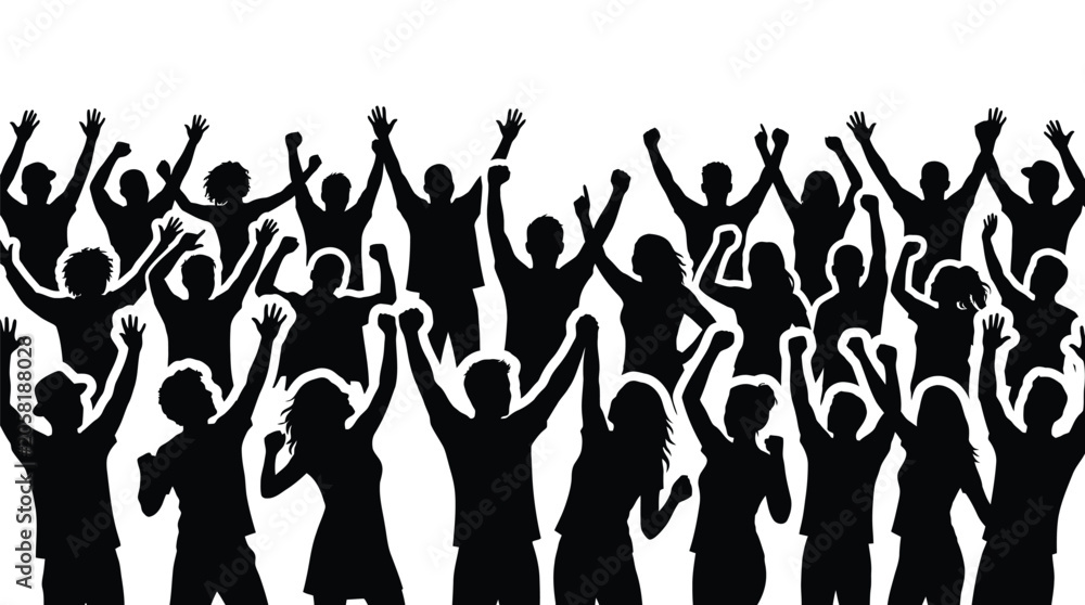 Fototapeta premium Black silhouette vector illustration of a happy cheering crowd of people raising their arms high
