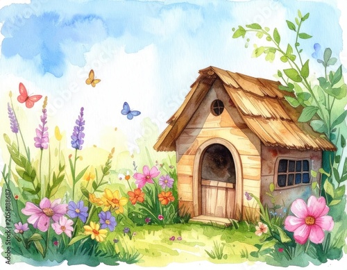 Watercolor scene of a charming cottage nestled in a vibrant flower garden