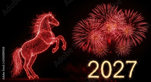 Red glowing horse made of light particles with fireworks for new year 2027