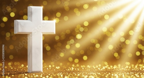 White marble cross standing on a golden glitter background with light rays