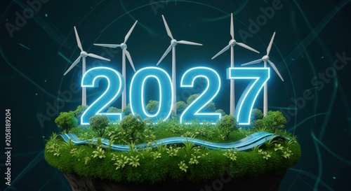 3d render of 2027 neon numbers with wind turbines on a green island