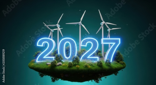 3d render of the year 2027 on a floating island with wind turbines