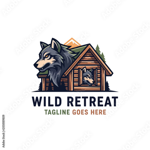 Illustrated badge showing a majestic wolf and a rustic log cabin, perfect for mountain resorts, lodging, and outdoor adventure brands.