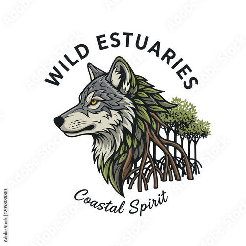 Unique estuary-inspired wolf design featuring coastal vegetation and roots for environmental and marine themes.