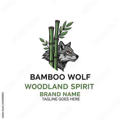 Artistic representation of a wolf face integrated with green bamboo stems, suitable for conservation, wellness, or Asian-themed lifestyle brands.