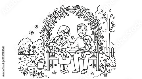 Bilde på lerret A heartwarming illustration of grandparents sitting on a garden bench with their two young grandchildren