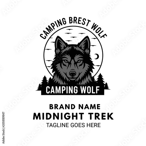 Striking monochrome emblem featuring a detailed wolf head combined with a pine forest and crescent moon scene, perfect for outdoor gear.