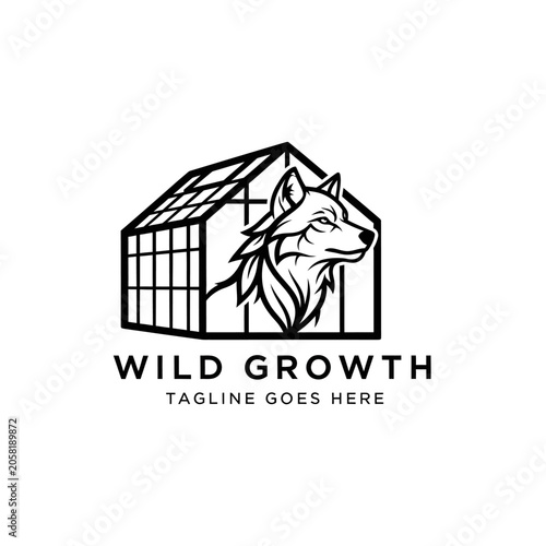 Unique architectural and wildlife logo combining a wolf with botanical greenhouse elements for growth-oriented brands.