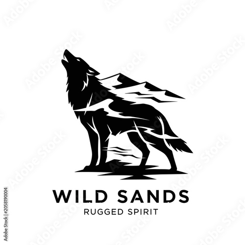 Double exposure style logo featuring a howling wolf silhouette containing a rugged mountain range, symbolizing wilderness and desert spirit.