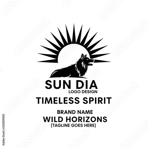 Powerful black and white wolf logo with a sunburst background, suitable for renewable energy companies, sunrise tourism, and motivational lifestyle brands.
