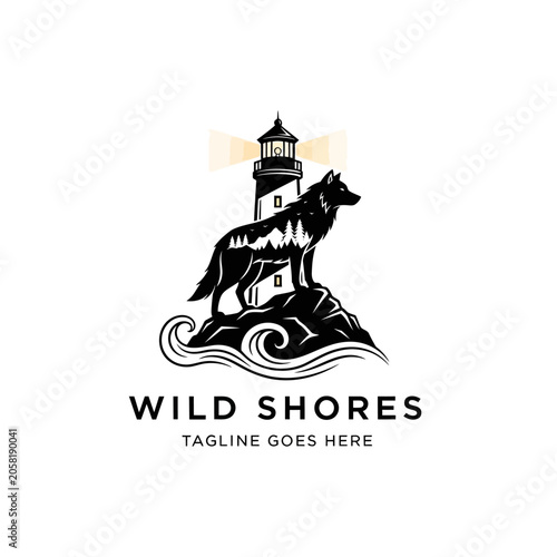 Scenic maritime logo featuring a wolf, ocean waves, and a lighthouse for coastal or travel-related brands.