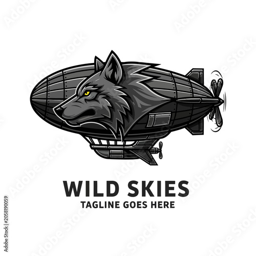 Unique airship emblem with a fierce wolf head, perfect for adventurous travel brands and fantasy-themed businesses.