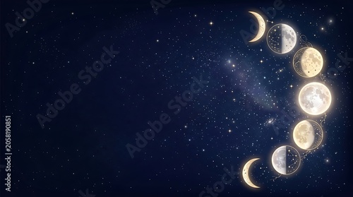Celestial moon phases cycle in starry night sky