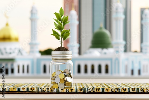 Plant Growing From Coins With Mosque In Background