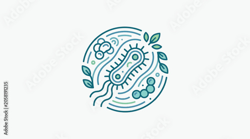Tableau sur toile Stylized illustration of a bacterium with flagella and surrounding microorganisms