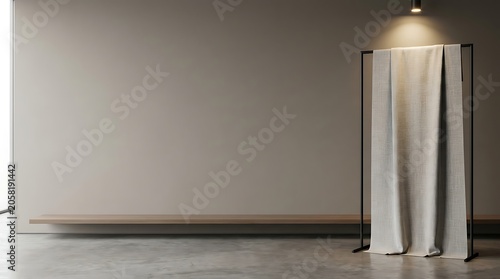 Minimalist interior with wooden shelf and fabric display on stand