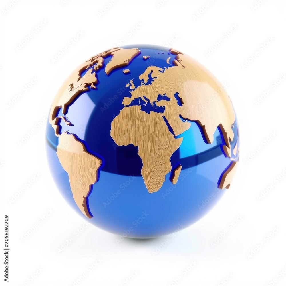 Fototapeta premium Globe showing continents, oceans. Blue water contrasts beige landmasses. Shiny surface reflects light, creating visual interest.