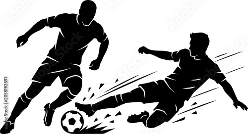 Tableau sur toile Two soccer fifa players battling for the ball in a sliding tackle
