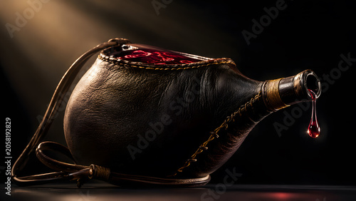 Traditional leather bota bag wine skin container laying down with a red wine droplet dripping from the nozzle on a dark background with dramatic side light