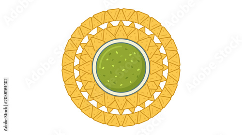 Quadro su tela A top down view of a bowl of guacamole surrounded by a circular arrangement of tortilla chips