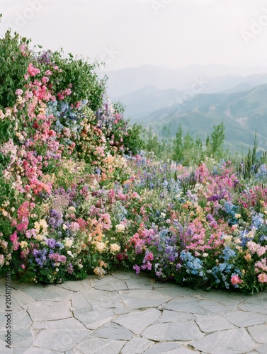 Lush Colorful Flower Garden Overlooking Misty Mountain Valleys
