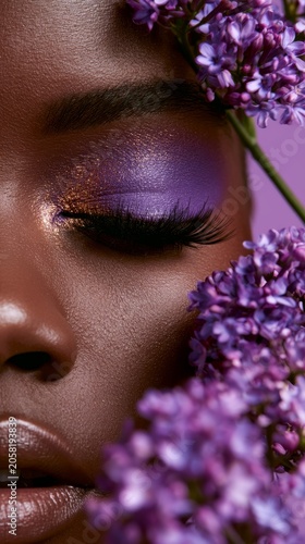 Close-up of dark skin woman with purple makeup and lilac flowers