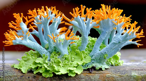 Close up of colorful coral mushroom on forest floor with mushroom colorful botanical wildlife
