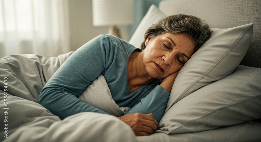 Obraz premium Senior woman sleeping peacefully in her comfortable bed at home, enjoying a deep restful sleep with soft pillows and warm blankets during the morning.