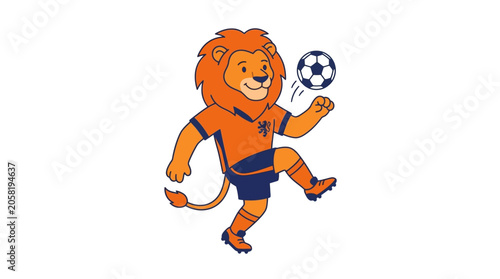 Dutch national football team mascot lion in uniform with soccer ball. Suitable for sports, soccer, mascot design projects, and merchandise.