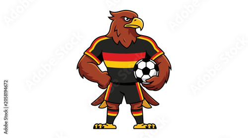 German eagle mascot paule in black, red, and gold jersey uniform playing with a soccer ball. Suitable for sportsrelated designs.
