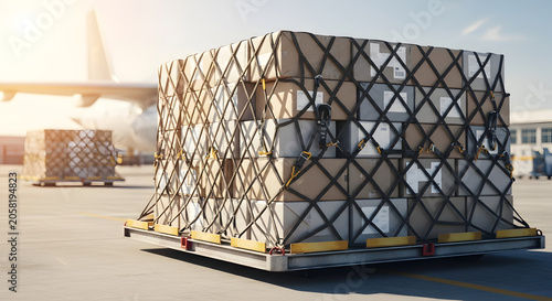 Cargo boxes secured on airport tarmac.