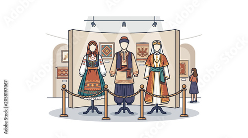 Foto Three traditional folk costumes displayed on mannequins in a museum exhibit