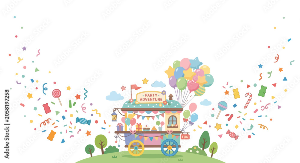 Naklejka premium A whimsical party adventure wagon bursts with colorful confetti, balloons, and sweets in a celebratory outdoor setting.