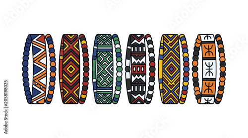 Foto A collection of six colorful tribal style beaded bracelets with geometric patterns