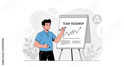 Man presenting team roadmap with growth chart on flip chart, modern flat design