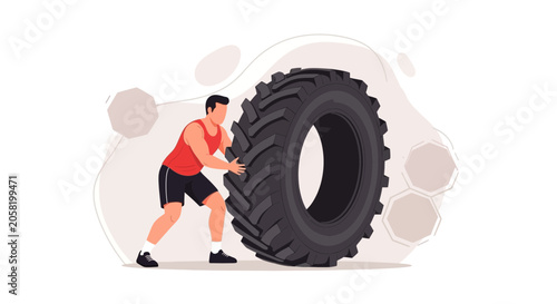 Man Pushing Heavy Tire in Gym - Strength Training and Fitness Concept Illustration