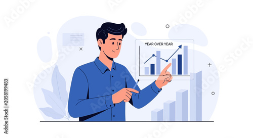 Man presenting year over year growth chart, business analysis and financial planning concept