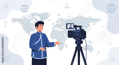 Man Recording Video with Camera on Tripod Against World Map Background - Global Communication and Broadcasting Concept