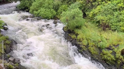 Top view footage of a small river flowing downstream