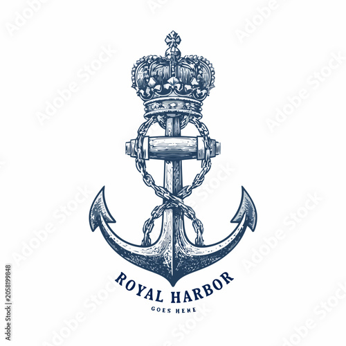 Obraz na plátně Sophisticated vintage-style anchor logo with a regal crown, suitable for harbor services, yacht clubs, and seafaring business identities