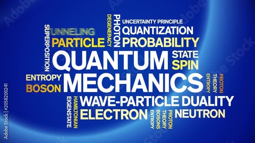 Quantum Mechanics animated word cloud-text design animation tag kinetic typography seamless loop.