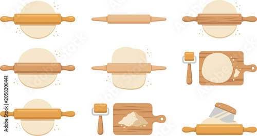 Fotografía Baking and pastry tool vector collection with wooden rolling pins dough sheets flour powder cutting boards bench scraper and kitchen utensils
