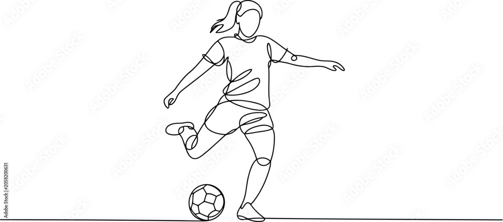 Fototapeta premium Woman playing soccer kicking a ball in a continuous line style with a white background and a simple outline
