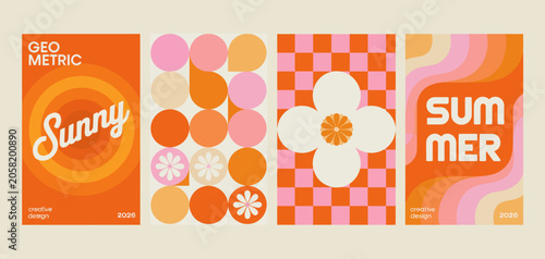 Retro Groovy Summer Banner Template Set 70s Geometric Pattern and Sunny Aesthetic Orange Background