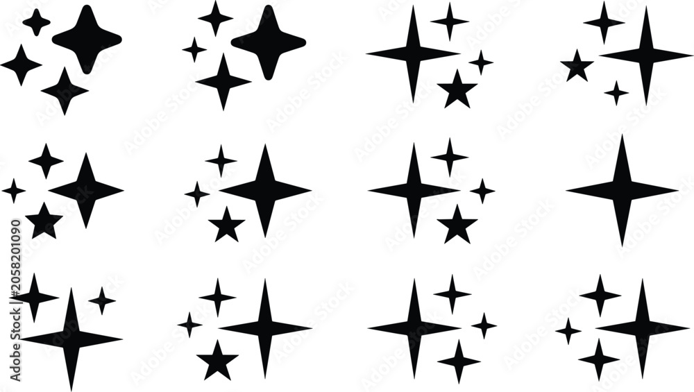 Fototapeta premium Sparkle icon set. Black stars and sparkles symbols collection isolated on white background.
