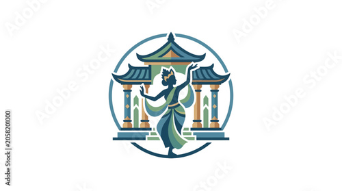 Quadro su tela A stylized illustration of a traditional Southeast Asian dancer performing in front of an ornate temple structure