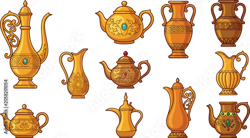 Φωτογραφία Arabic golden teapot and vase vector icon collection featuring traditional middle eastern pitchers amphora jugs carafes and ornamental oriental brass kitchenware