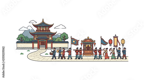 Fényképezés A traditional Chinese ceremonial procession featuring a decorated palanquin and musicians